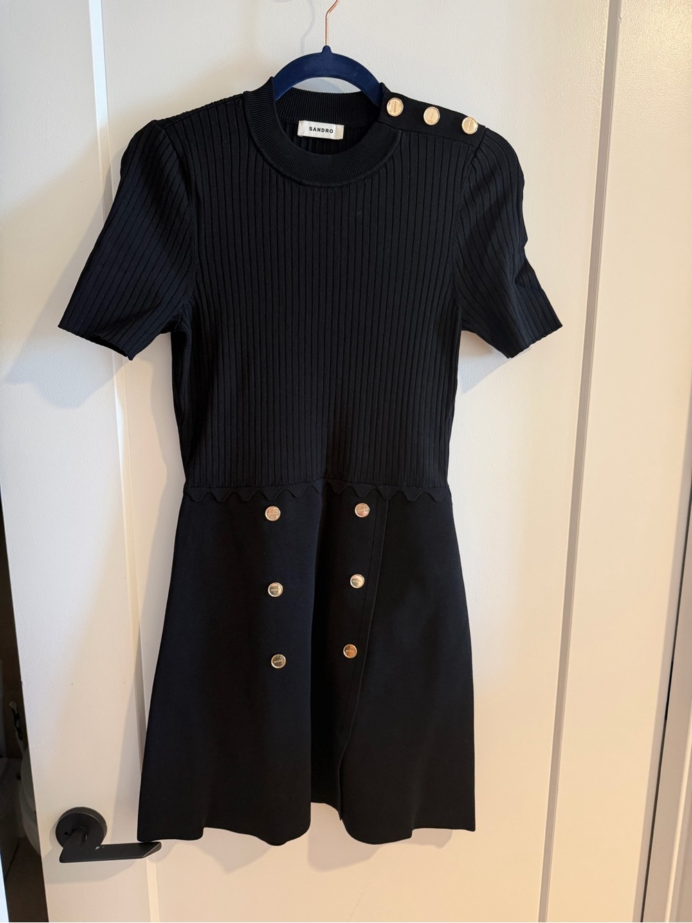 Sandro Alyssa - Black Short Sleeve Knit Dress with Gold Buttons